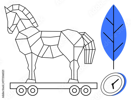 Abstract geometric Trojan horse on wheels, minimalistic blue leaf, and clock. Ideal for innovation, strategy, security, technology, deception nature time. A simple flat metaphor