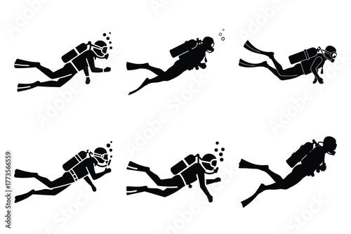scuba diver silhouette vector art icon set