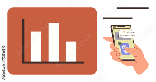 Bar chart showcasing data metrics next to a smartphone with a hand entering a verification code. Ideal for technology, security, analytics, mobile apps, data management, finance, and user