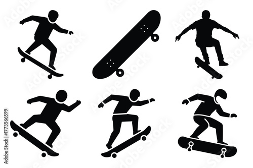 skateboard trick silhouette vector art icon set