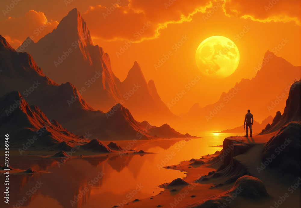 Obraz premium Human Figure at Sunset on an Alien Landscape with Large Moon