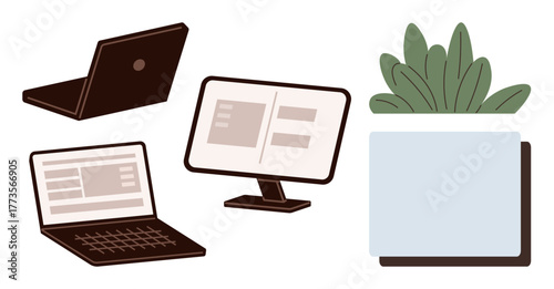 Laptops, desktop monitor showing interfaces, and leafy plant in a pot creating a balanced workspace. Ideal for productivity, remote work, organization, minimalism, creativity, technology modern