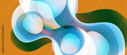 Abstract fluid shapes overlap, creating vibrant color gradients. Orange background complements blue, green hues. Modern design element.