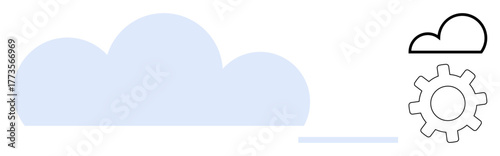 Large cloud with blue fill and black outline gear symbolizing digital services, innovation, and networking. Ideal for technology, cloud computing, automation, configuration, data, system simple flat