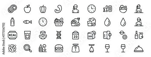 Nutrition icons set, healthy food line art, vegetables, fruits, water, calorie count, zero trans fat, probiotics, organic, palm oil free, editable stroke, web design.