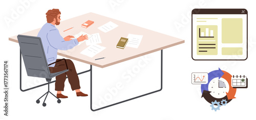 Worker at desk reviewing documents, surrounded by data charts, schedule calendar, and process cycle. Ideal for business planning, analysis, productivity, organization, time management workflow