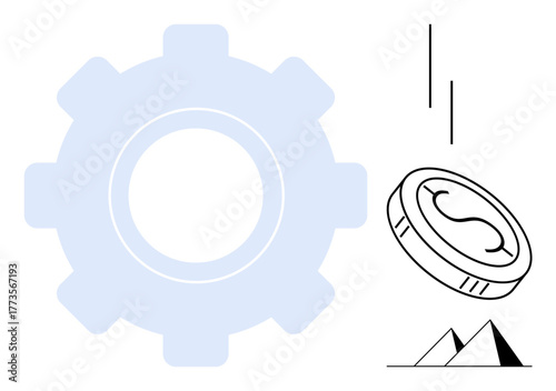 Gear illustrating efficiency, coin symbolizing economy, pyramid denoting stability. Ideal for finance, economy, productivity, systems, innovation growth strategy. Clean simple flat metaphor