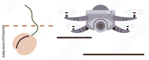 Autonomous quadcopter flying near seed during planting process, showcasing precision agriculture. Ideal for farming, innovation, technology, automation, sustainability, efficiency growth. Simple