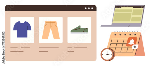 Ecommerce interface showcasing clothing and footwear, calendar with reminder, clock, and laptop for scheduling purchases. Ideal for shopping, marketing, planning, promotion, scheduling discounts
