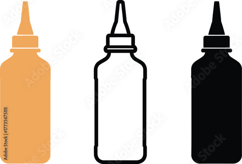 Three bottles with dropper tips in orange black and white colors set