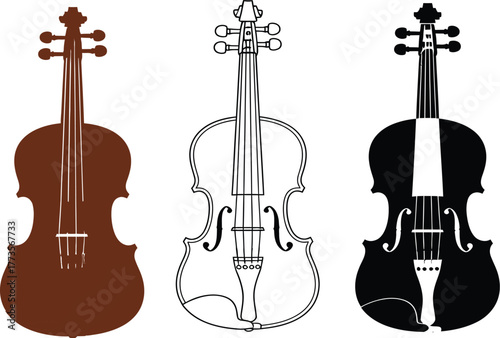 Three violins in different styles including color outline and silhouette