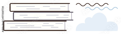 Three stacked books next to wavy lines and a cloud evoke themes of learning, imagination, and exploration. Ideal for education, knowledge, creativity, writing, storytelling research inspiration. A