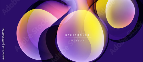 Abstract colorful shapes overlap. Gradient hues create dynamic visual effect. Modern design elements suggest innovation, fluidity.