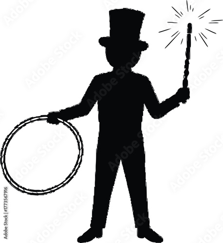 Silhouette of a magician with top hat holding wand and hoop in hands