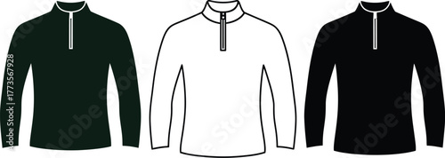 Illustration of three long sleeved shirts with quarter zip collars