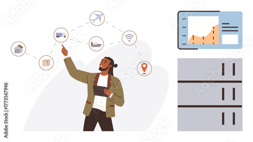 Man tracking supply chain nodes and logistics connections with icons thumbs up transportation, warehouses, and analytics graph. Ideal for logistics, supply chain, management, data analysis