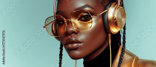 Portrait of stylish woman with golden glasses and headphones on a blue backdrop