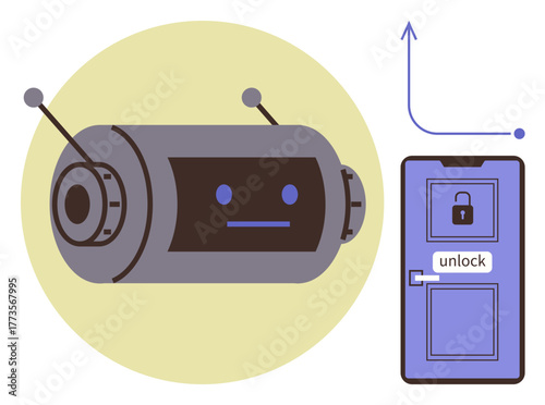 Cylindrical robot with antennas unlocking a secure door labeled unlock, upward arrow indicating growth. Ideal for technology, innovation, AI, automation, access control, security progress. Simple