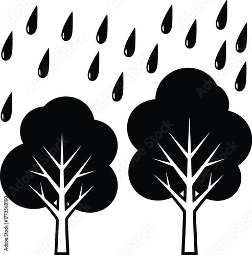 Two trees under falling rain in black and white minimalist illustration