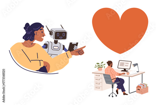 Woman engaging with a robot, symbolizing tech collaboration, large heart for love or care, person working at a desk illustrating focus. Ideal for AI, work-life balance, remote work, technology