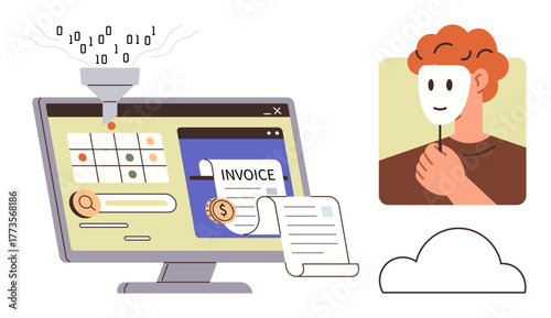 Computer monitor showing data filtration and invoice processing with person holding a mask, cloud element. Ideal for digital security, automation, AI ethics, data privacy, fraud prevention, cloud