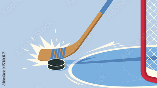 Illustration of a hockey stick hitting a puck with a net in the background on a light blue ice rink