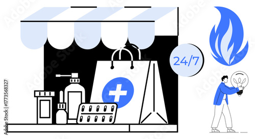 Pharmacy storefront with medicines, pill blister, and sanitizer under canopy. Visible clock showing 247 availability and flame symbol. Ideal for healthcare, pharmacy, convenience, accessibility