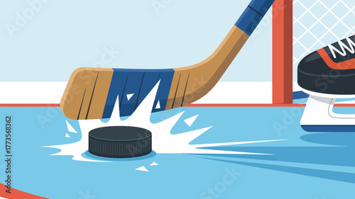 A hockey stick hitting a puck on the ice near a net with a skate in the background scene view