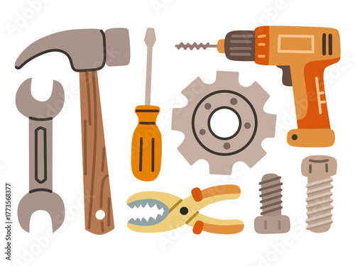 Industrial Tools and Machine Parts in Flat Minimal Style for Engineering Design