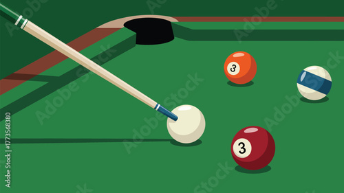 A billiard table with a cue stick aimed at a white ball and other colored balls on the green surface