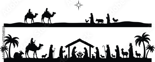 Nativity silhouette illustration, Christmas holy night, biblical manger scene, wise men journey, star of Bethlehem, Christian holiday art, religious vector design