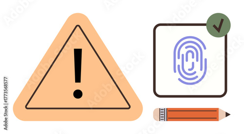 Warning triangle with exclamation mark, fingerprint authentication box with a checkmark, and pencil. Ideal for security, identity, digital privacy, caution, authorization, validation simple flat