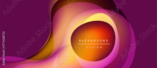 Abstract design features flowing shapes, vibrant orange, purple hues. Text reads background design within central oval form. Smooth gradients create dynamic visual effect.
