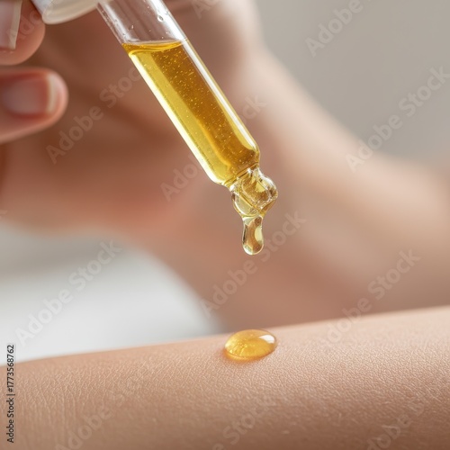 Applying golden cosmetic oil serum to skin with a dropper