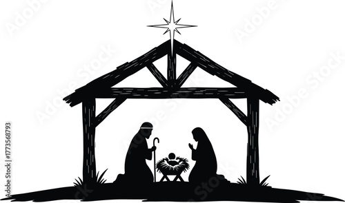 Nativity stable silhouette, holy family with baby Jesus, Mary and Joseph kneeling, star of Bethlehem, Christian Christmas illustration, sacred holiday artwork