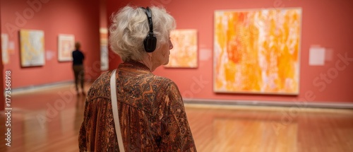 Senior woman enjoys abstract art in a museum listening audio guide tour