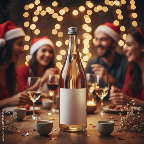 Blank label bottle mockup at festive Christmas dinner party.