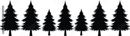 Pine tree silhouette, evergreen forest design, winter woodland vector, rustic nature artwork, outdoor landscape element, black graphic set, decorative tree illustration