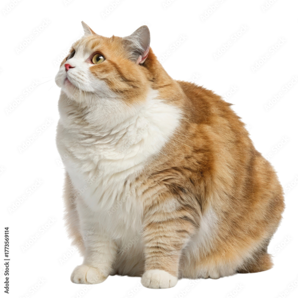 Obraz premium Fluffy fat cat sitting gracefully on a pristine white background showcasing its playful demeanor and adorable features