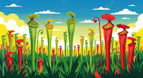 Colorful carnivorous pitcher plants rising above green grass against a sunny blue sky, a