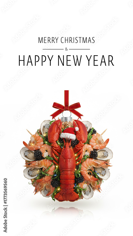 Fototapeta premium Christmas and New Year card featuring a festive seafood wreath made of lobster, shrimp, oysters, and berries with a red ribbon bow.