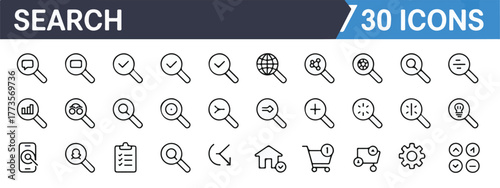 Set of search web line icons. Magnifying glass linear icons for SEO, digital marketing, analytics, data management, search, investigation. Editable stroke, modern minimal style.
