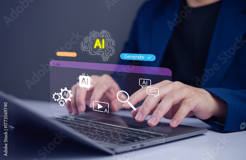 AI assistant and digital innovation with professional typing on laptop, showing virtual hologram icons of artificial intelligence, automation, data solutions, and futuristic communication technology.