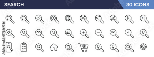 Set of search web line icons. Magnifying glass linear icons for SEO, digital marketing, analytics, data management, search, investigation. Editable stroke, modern minimal style.