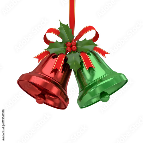 Festive Christmas bells with holly and ribbon, holiday cheer