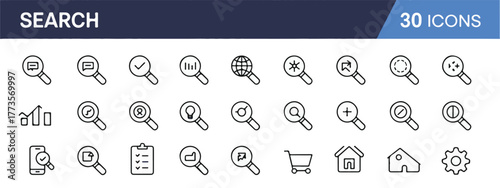 Set of search web line icons. Magnifying glass linear icons for SEO, digital marketing, analytics, data management, search, investigation. Editable stroke, modern minimal style.