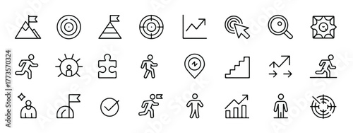 Set of target and goal web icons, line style, including achievement, success, aim, crosshair, arrow, shoot, mission, objective, editable stroke, linear icon collection.