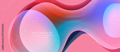 Abstract fluid shapes blend, creating vibrant pink, blue, orange gradients. Modern design suggests movement, energy, soft textures.