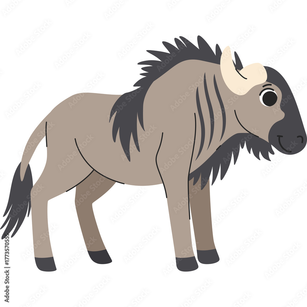 Fototapeta premium Cartoon Wildebeest With Dark Mane and Horns Standing on Transparent Background