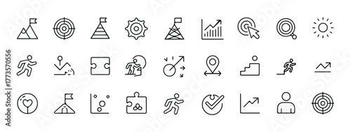 Set of target and goal web icons, line style, including achievement, success, aim, crosshair, arrow, shoot, mission, objective, editable stroke, linear icon collection.